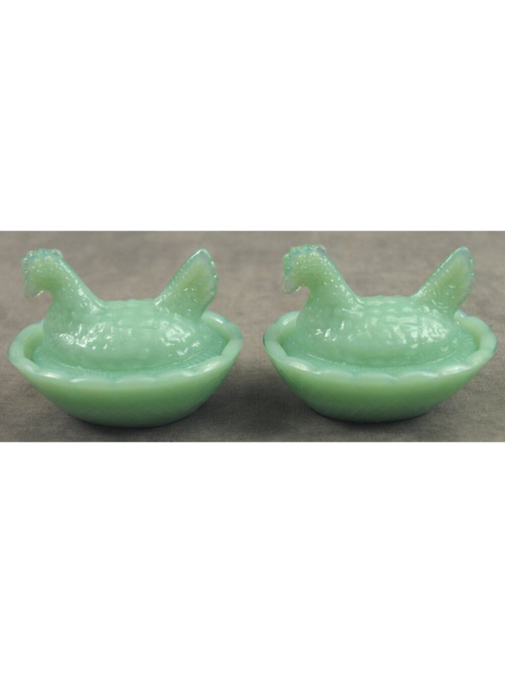 Set of 2 Jadeite Green Glass Mini Hen on Nest Salt Dip Dishes 2.5"